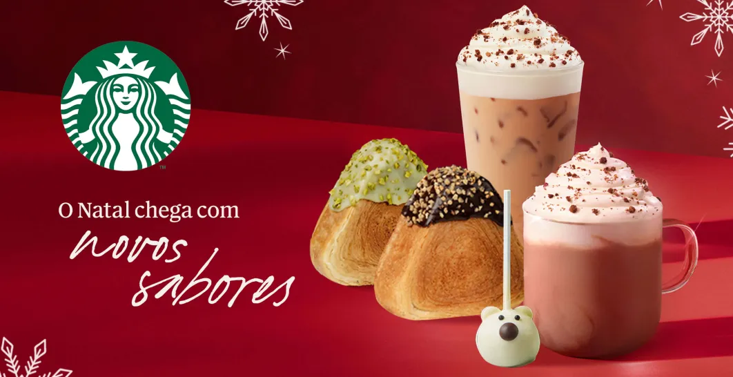 Dois cafés: um frio, outro quente, e dois doces, sobre um fundo vermelho.